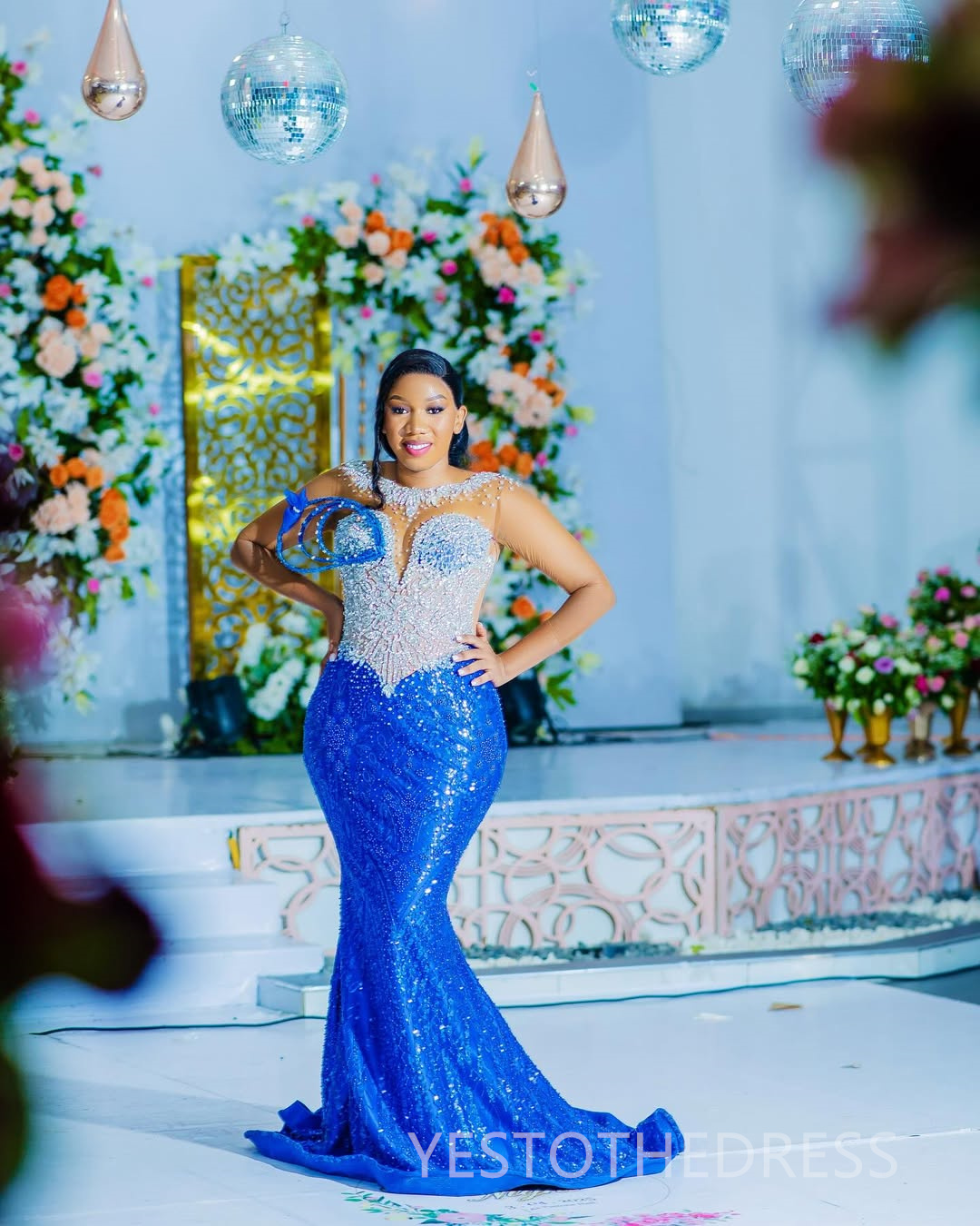 Plus Size Royal Blue Prom Dress 2025 Evening Dresses Elegant Dresses For Special Occasions Illusion Bead Lace Sheer Neck Birthday Dress Second Recepti