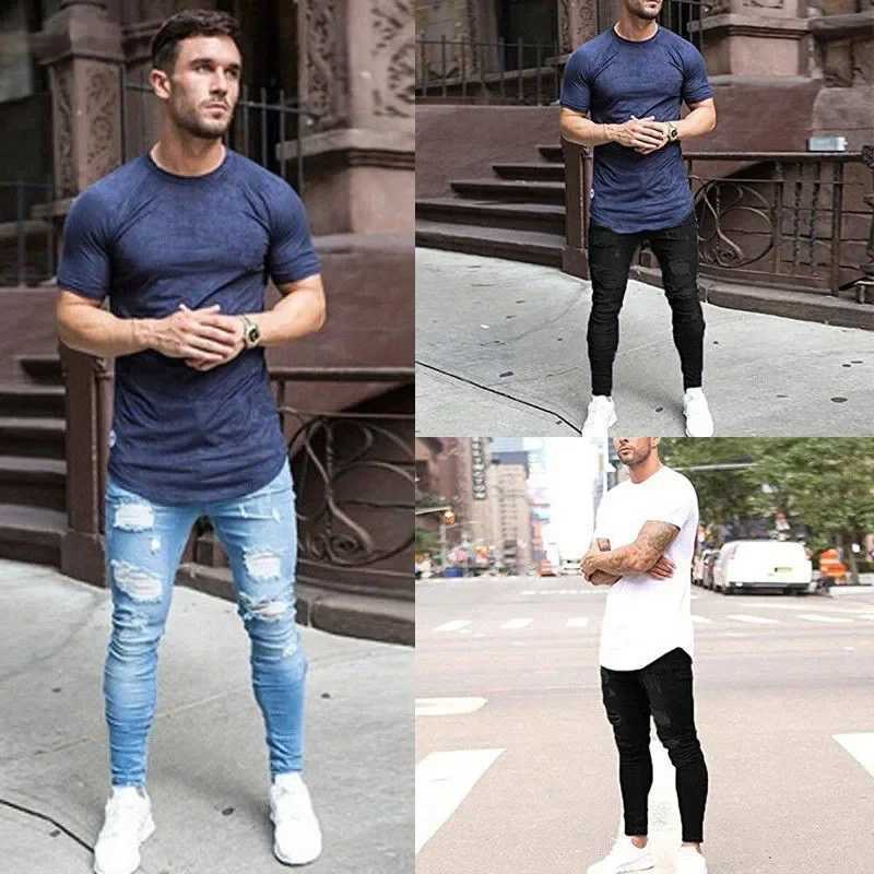 Fashionable Mens Jeans New Style Tight Fit Ripped Small Footed Pants Cross Border Through W250905