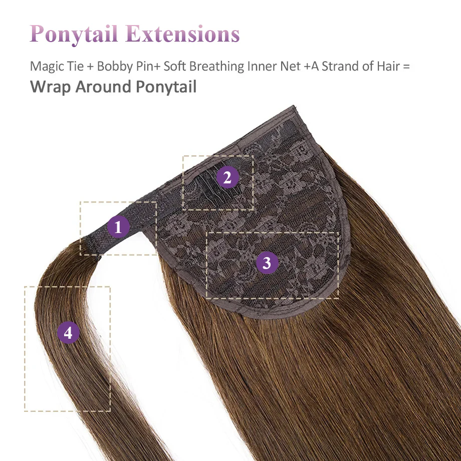 Straight Ponytail Extensions Medium Brown #6 Wrap Around Pony tail With Clips Easy Install 120G Brazilian Human Hair Extensions
