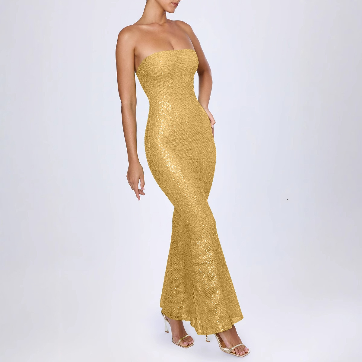 Womens New Summer Strapless Sequin Sexy Slim Evening Dress Backless Long Dress