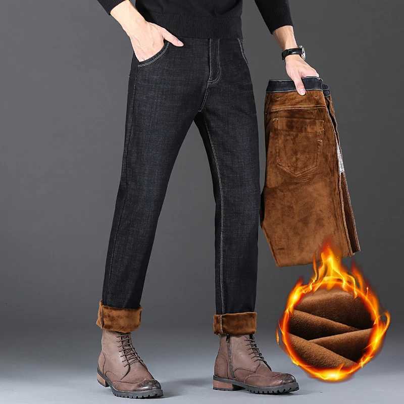 Winter New Mens Fleece Warm Jeans Slim Stretch Fashion Casual Denim Pants Classic Thickened Plush Male Clothing Black Blue W250905