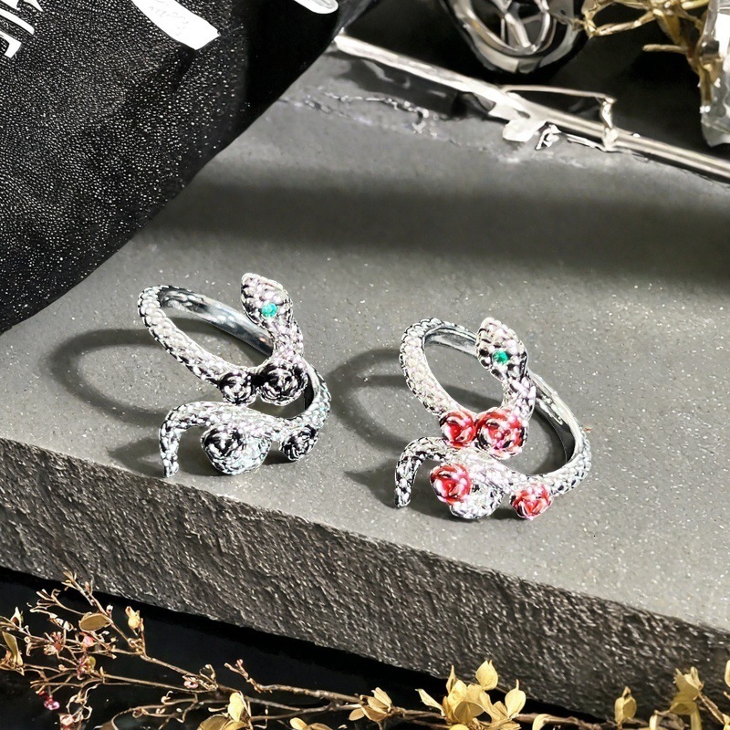Green Eye Zircon Oil Drop Rose Flower Open Three-Dimensional Wrapped Snake Shape Niche Personality Ring