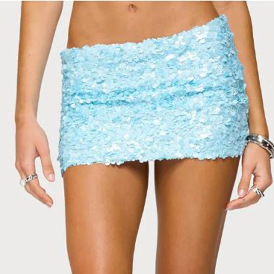 2000s Womens Fashion Soild Color Mini Skirts Sequins Bling Low Waist Skirts Summer Party Bodycon Skirts 250905