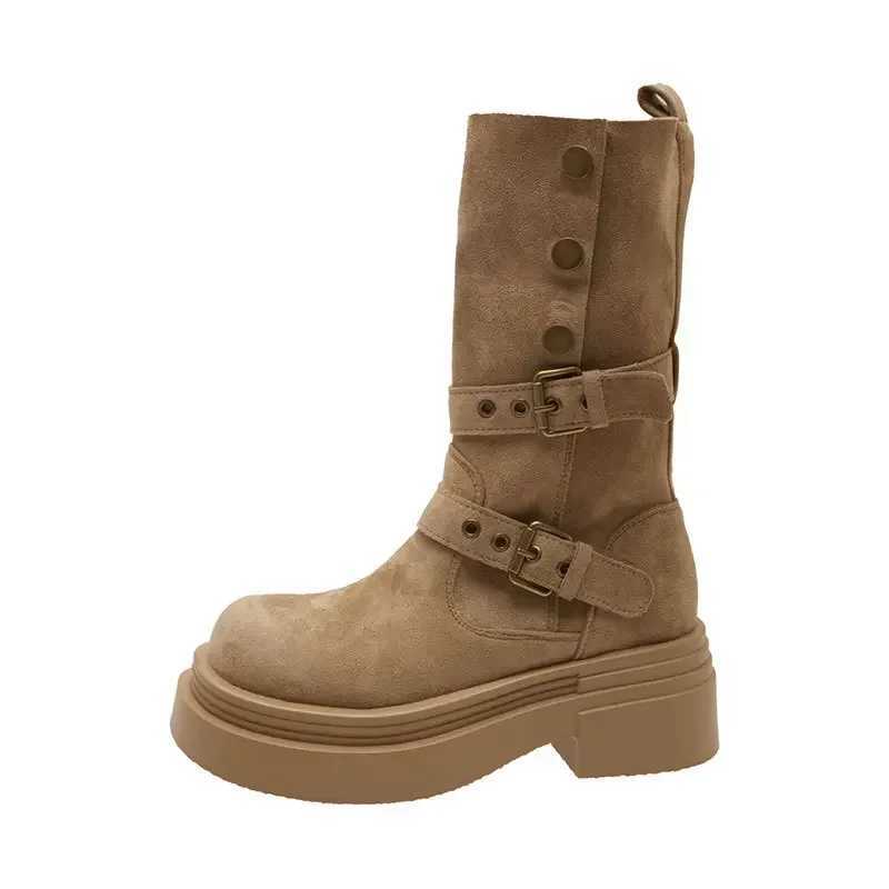 Womens Long Boots 2025 Spring New Style Fashionable Twopiece Lapel Mid Leg Boots Retro Versatile Thick Soled Motorcycle Boots L250905