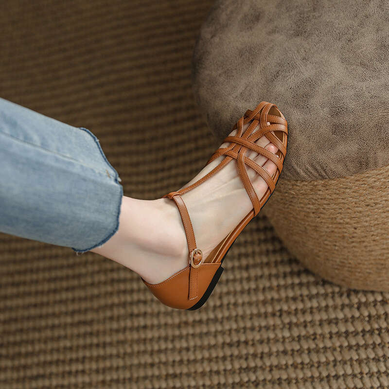 Ins Niche ~ Peep Toe Hollow Sandals for Women Summer Roman with Buckle Flat Shoes