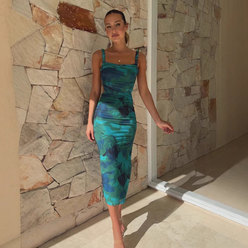 2025 Womens Spring New Sleeveless Slimming Strap Backless OffShoulder Printed Split Dress