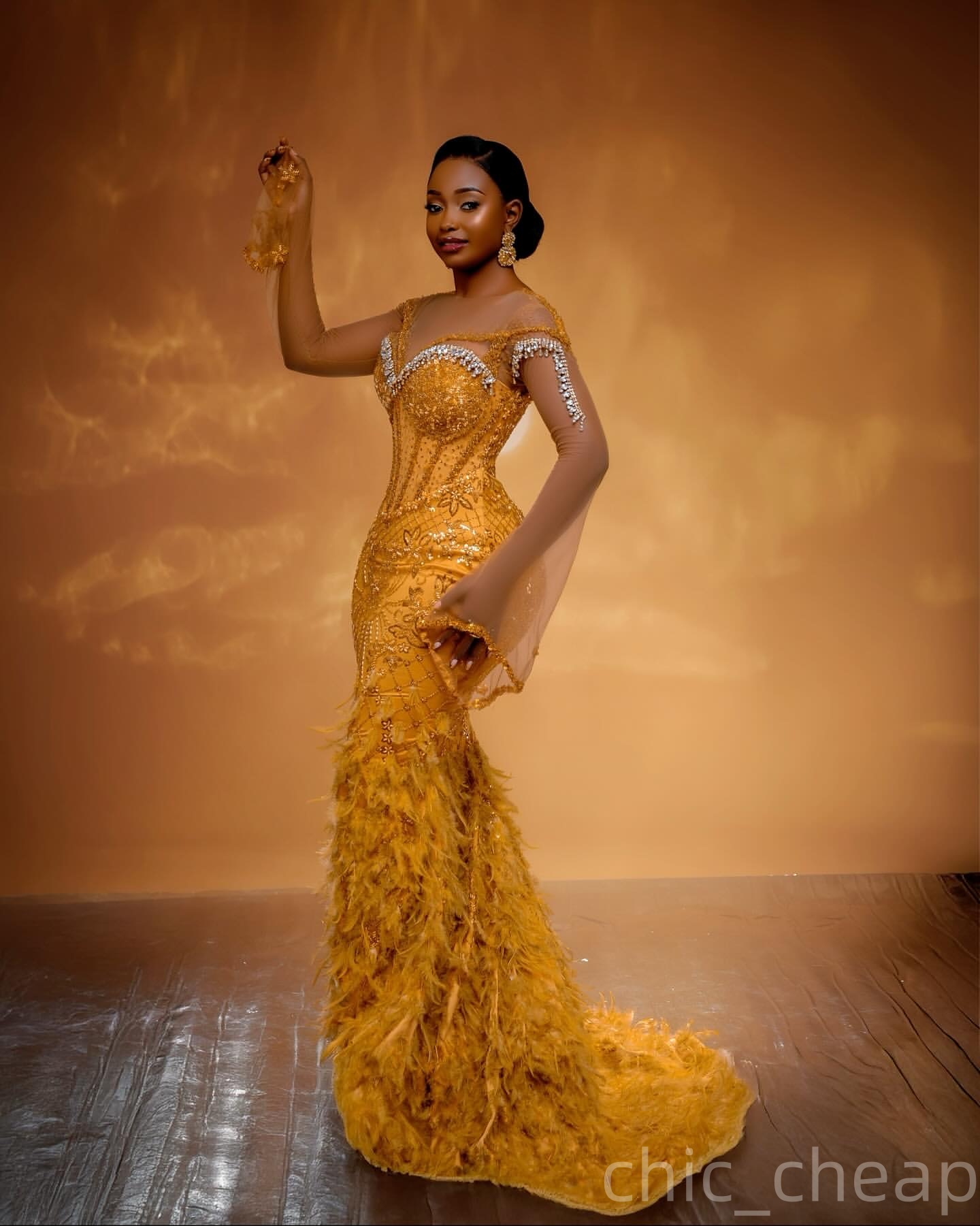 Aso Ebi Mermaid Yellow Prom Dresses 2025 Crystals Beaded Feaher Lace Evening Formal Party Second Birthday Engagement Gowns Plus Size Dress For Special