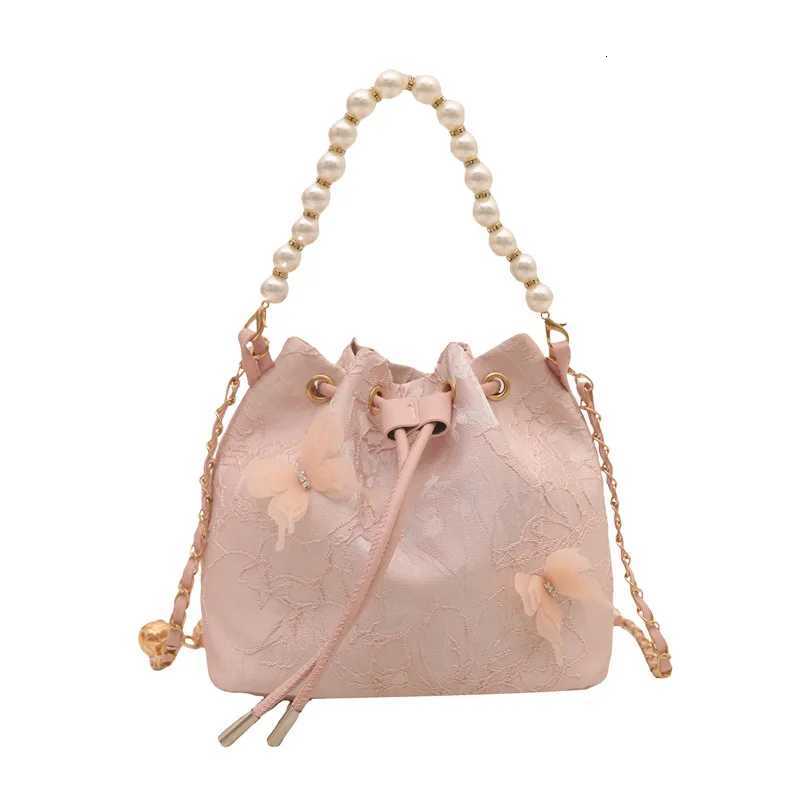 Sweet Butterfly Women Drawstring Bucket Shoulder Bags Versatile Ladies Crossbody Bag Clutch Fashion s Pearl Chain Handbags Z250903