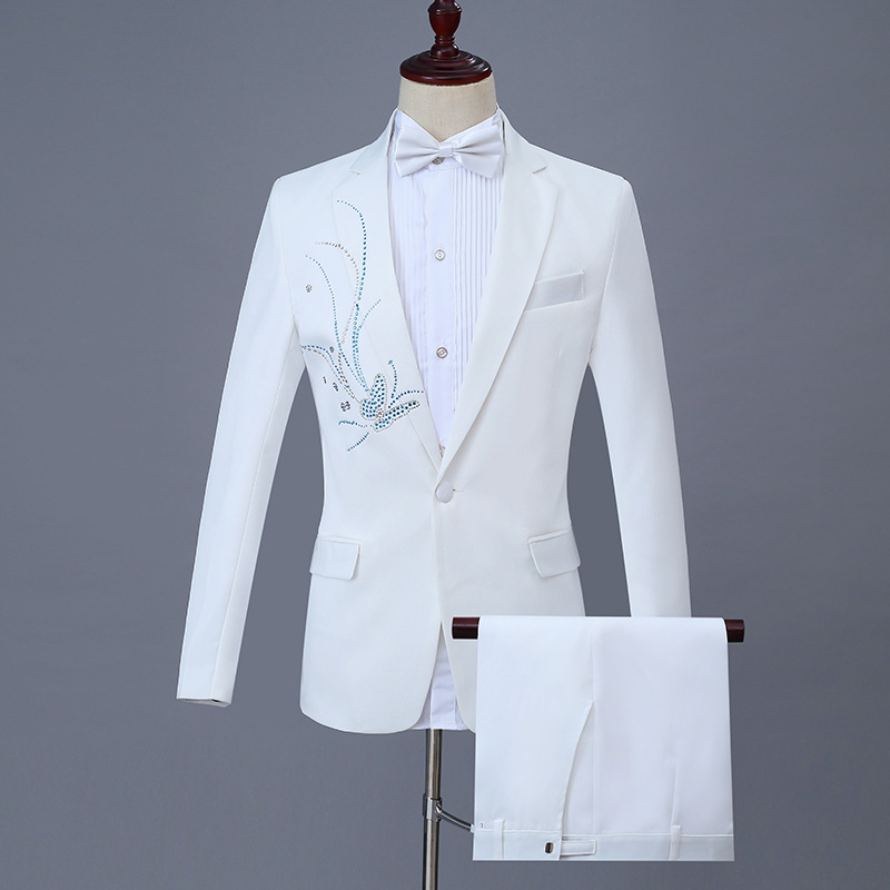 Minimalist White Wedding Tuxedo 2 Piece Blazer Pants Handmade Rhinestone Male Suits Singer Costume Stage Performance
