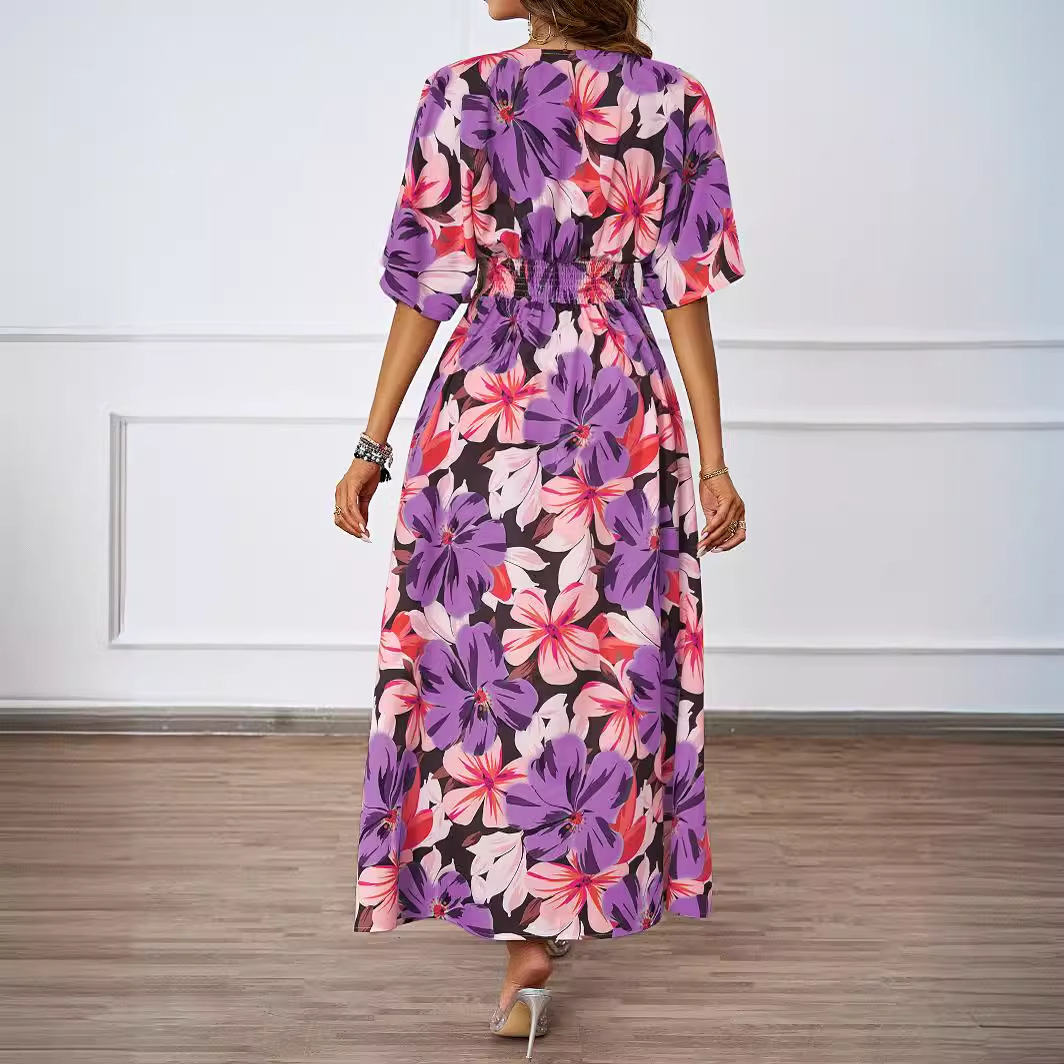 Summer New Floral Print Long Dress Elastic Waist VNeck Short Sleeve Dress for Women