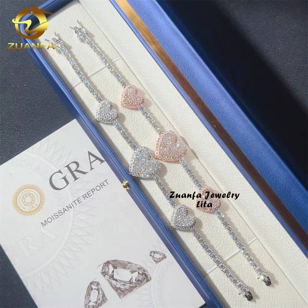 Hip Hop New Fashion Heart Two Tone 3MM Diamond 925 Sterling Silver Moissanite Tennis Chain Bracelet