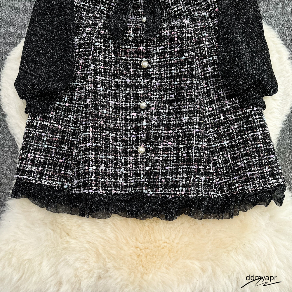 Casual Dresses Elegant Lady Small Fragrance Temperament Ribbon Bow Collar Soft Ruffle Patchwork Tweed ddmyday Plaid Woolen Buttons Autumn