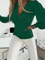 Solid Ruched Deep V Neck Blouse, Casual Long Sleeve Top Spring & Fall, Women's Clothes for Daily Wear, Womenswear