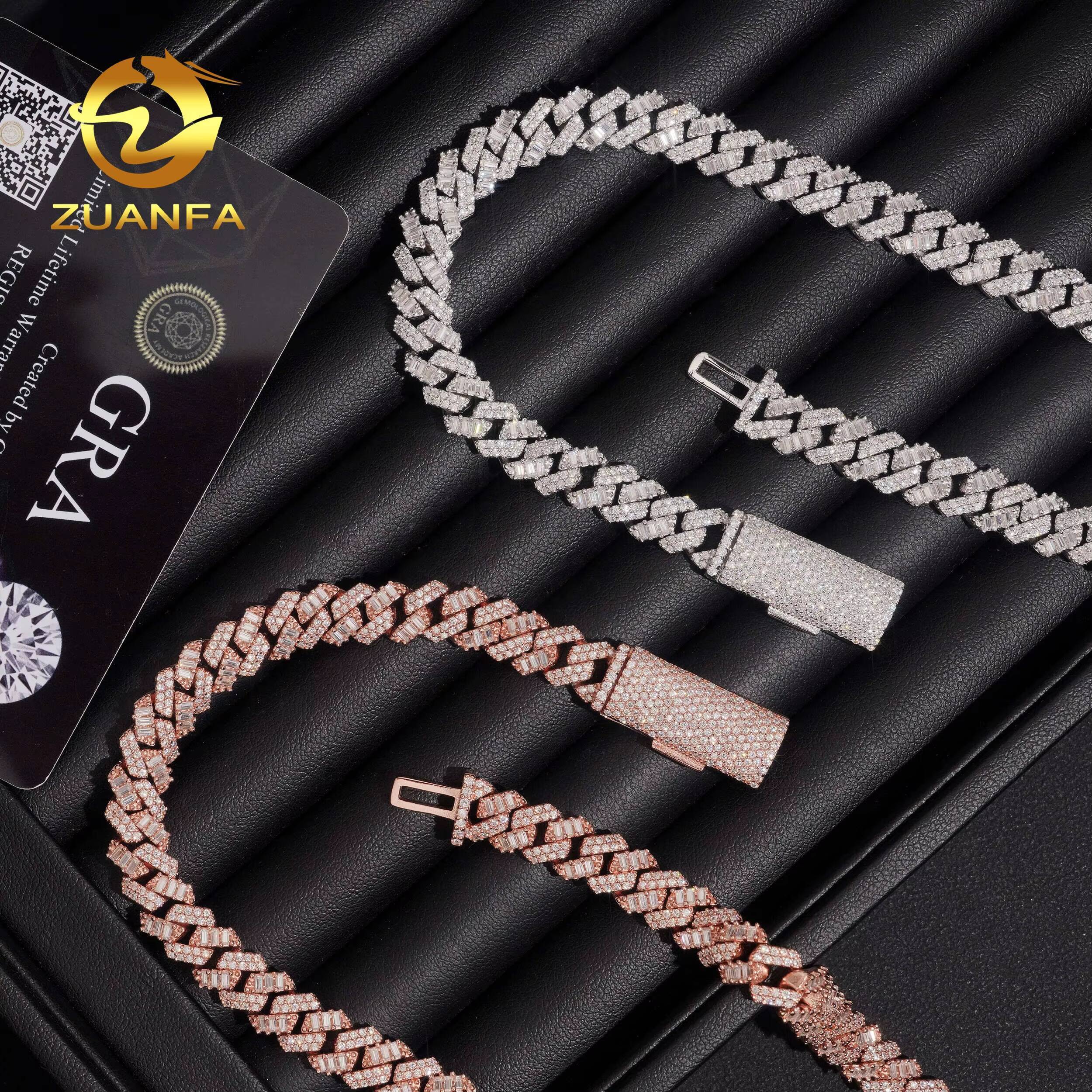 New Arrivals Hip Hop Jewelry Rose Gold 925 Silver Baguette 8mm Moissanite Cuban Link Chain