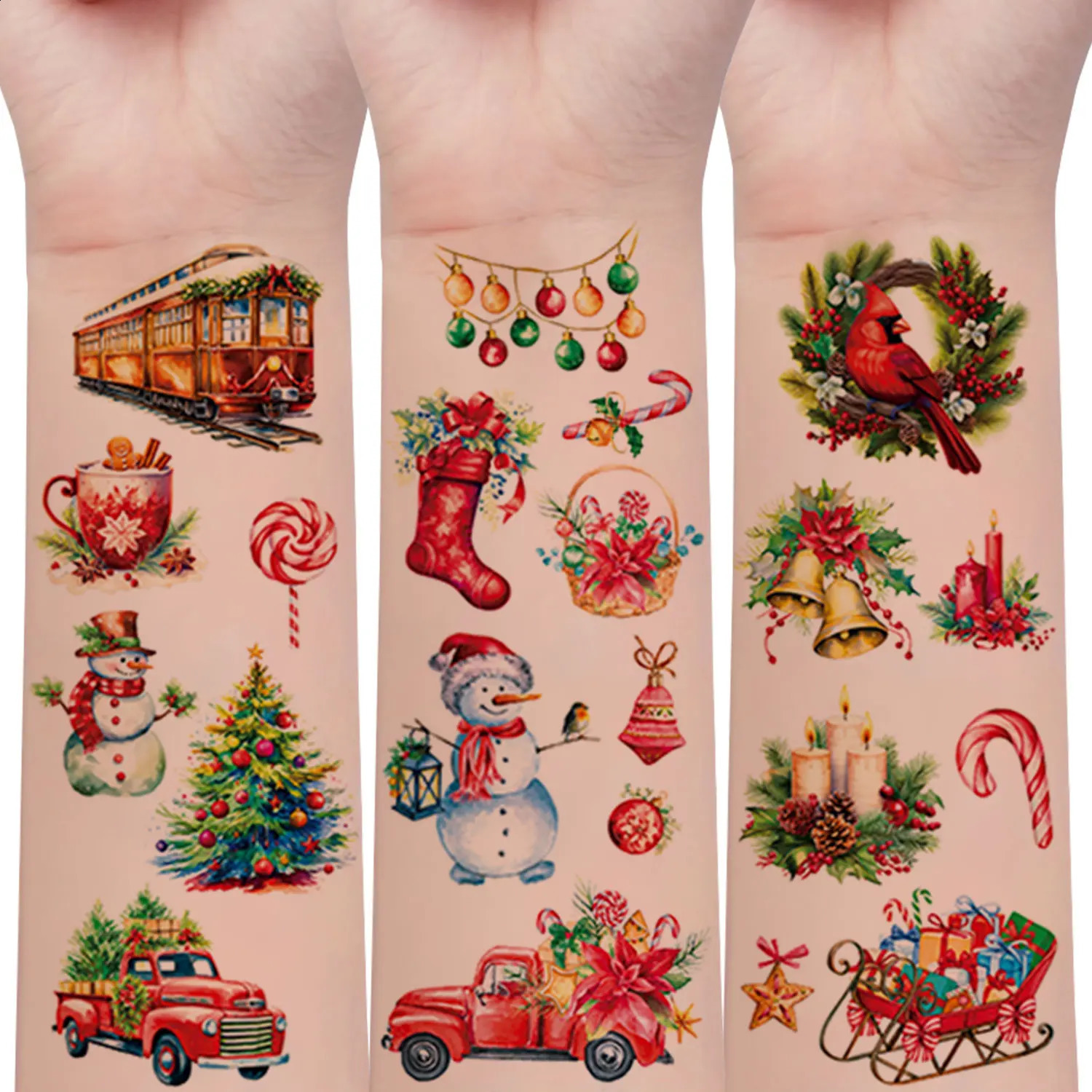 10 RetroStyle Christmas Series Pattern Temporary Tattoo Stickers 92 Cartoon Santas Snowmen Stockings Decoration Patterns Waterpr 250825