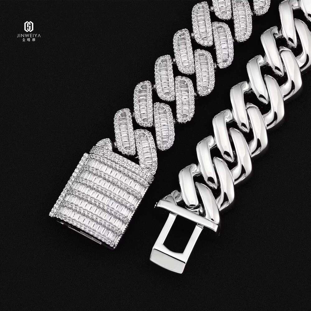 Sier VVS Moissanite 24mm Baguette VVS Moissanite Setting Iced Heavy Link Necklace for Men Miami Cuban Chain Style