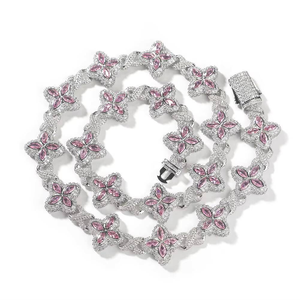 UWIN New Arrival Hip Hop Pink CZ Clover Bracelet CZ Iced Out Flower Diamond with Infinite Chain Bracelet for Men Women