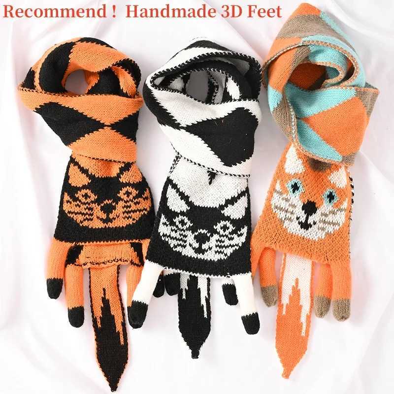Autumn Winter Cartoon Cat Knitted Scarf for Women 3D Foot Persian Cat Scarf Girls Warm Shls Handmade Animal Knitting ScarfXJ250905