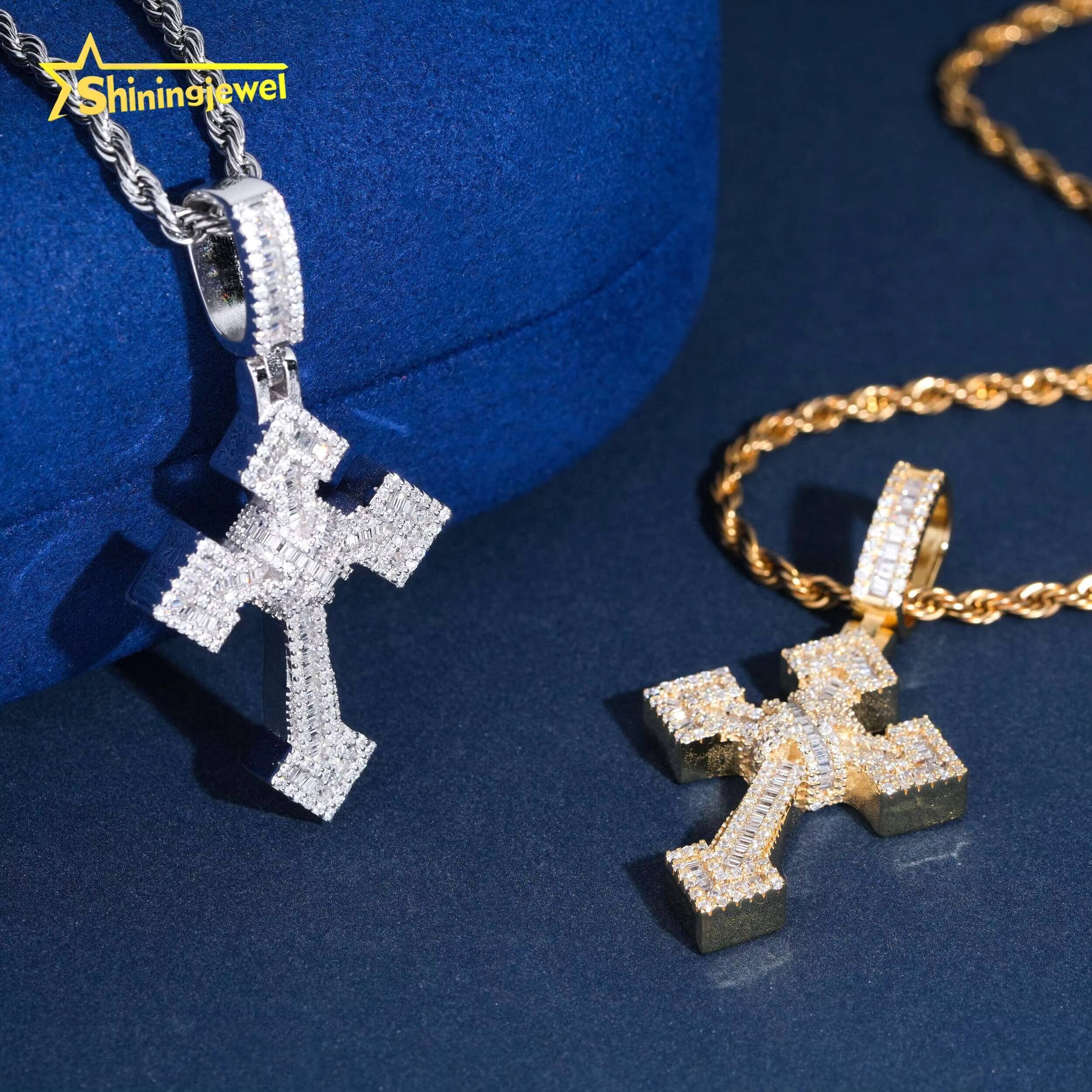 USA Local Stock 925 Sterling Silver Fully Iced Out Moissanite Cross Pendant Fine Jewelry Men VVS Moissanite Pendant Necklace