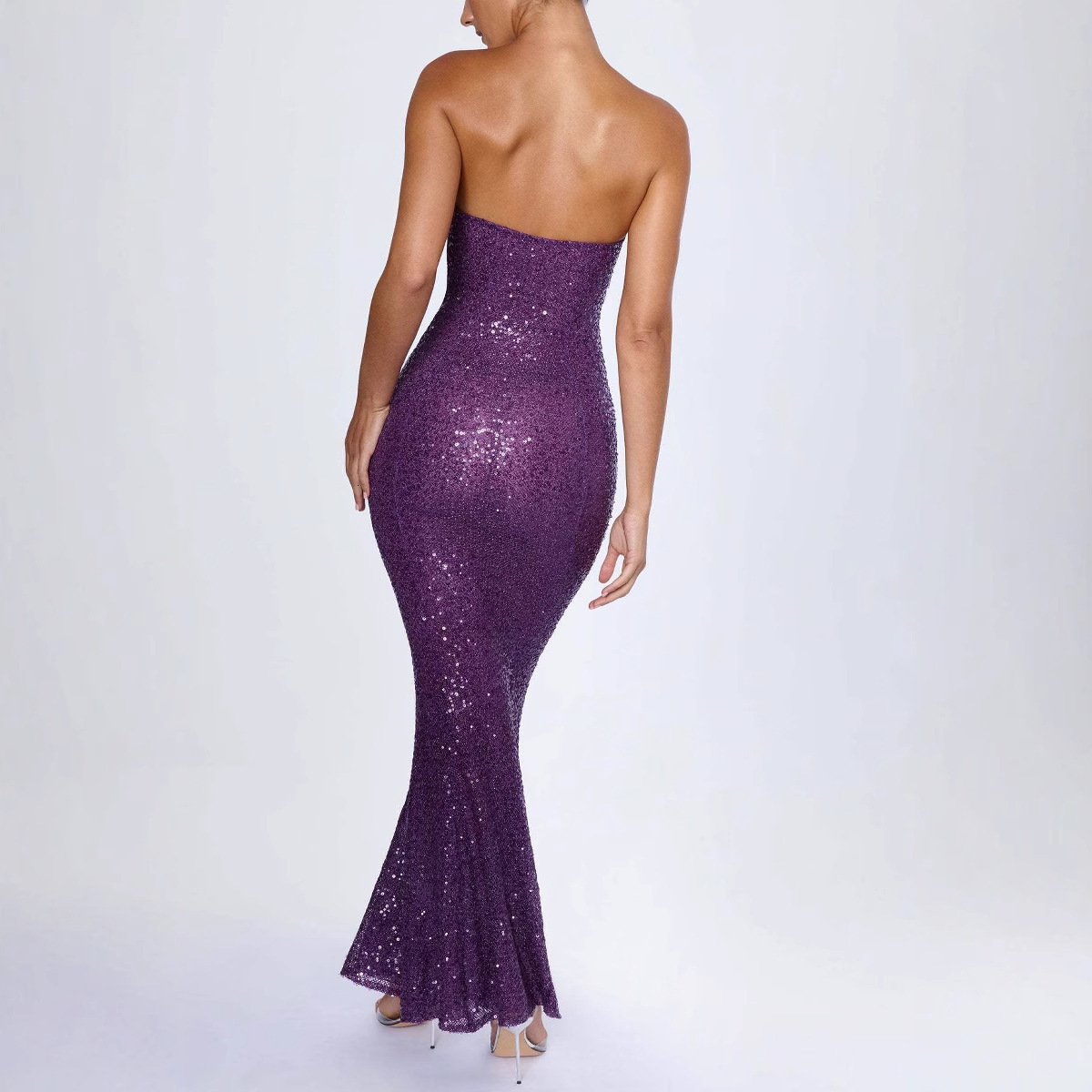 Womens New Summer Strapless Sequin Sexy Slim Evening Dress Backless Long Dress