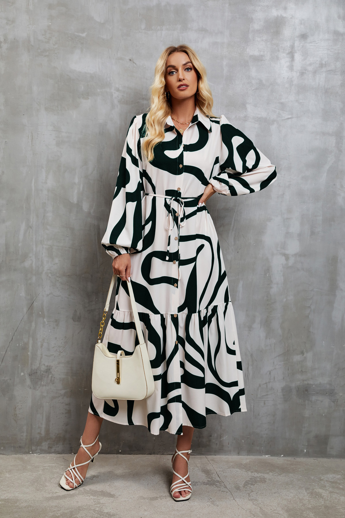 Womens Spring and Autumn Fashion Printed Casual Loose Laceup Shirt Dress