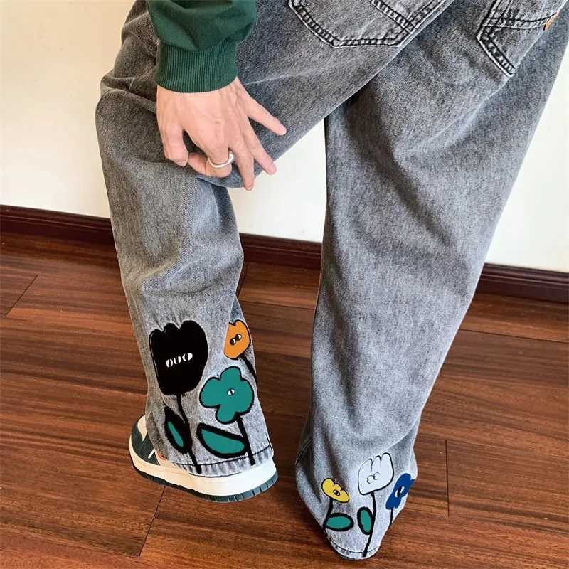 New Flower Printed Jeans2025 Vintage Straight Trousers Streetwear American Casual Denim Wideleg Pants Jeans Masculina W250905