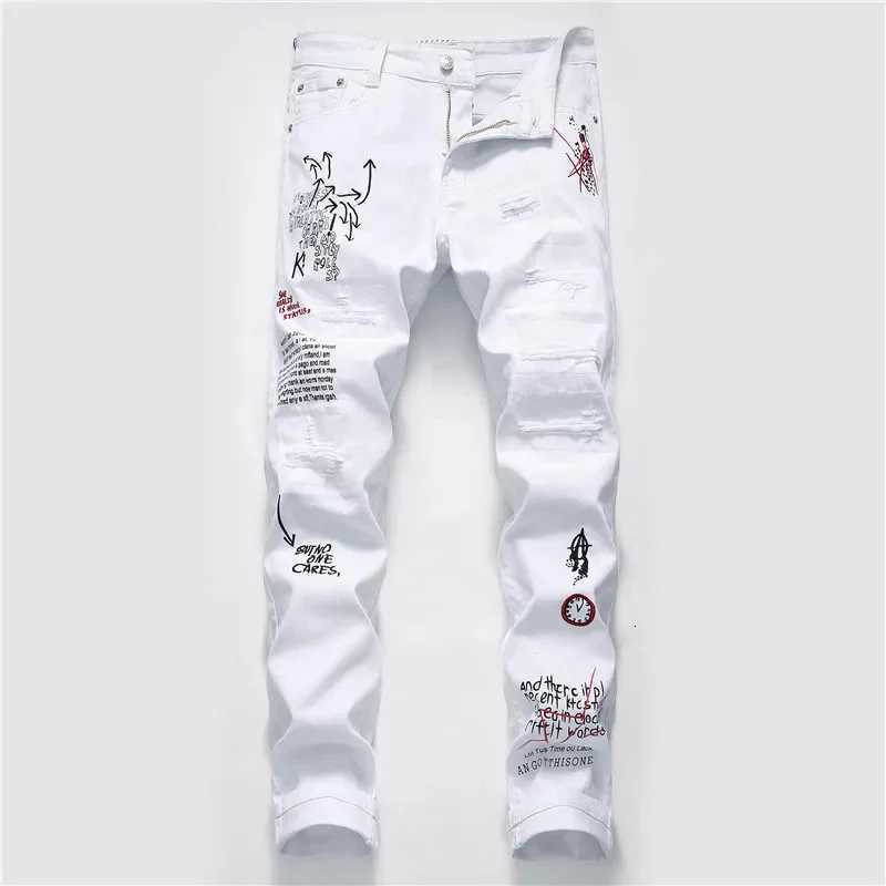 New Men Streetwear personality Ripped printed white skinny Jeans Hip Hop Punk Casual motorcycle stretch denim jeans trousers W250905