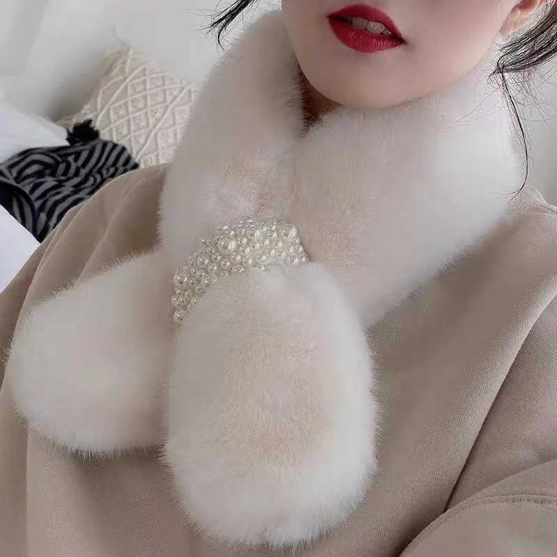 Korean Winter Pearl Faux Rabbit Fur Scarf for Women Girls Scarf Soft Plush Scarves Solid Neck Collar Warmer Stuff Christma GiftsXJ250905
