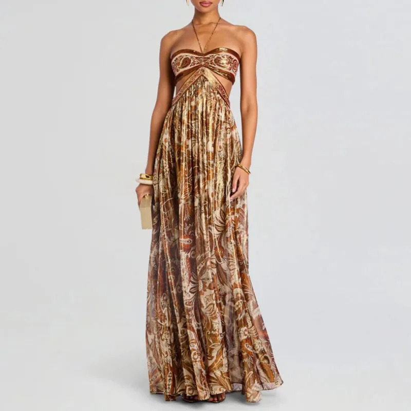 Women Hanging Neck Sleeveless Waist Maxi Dress Sexy Floral Print Hollow Out Backless Holiday Dress Lady Chic Evening Gown 250905