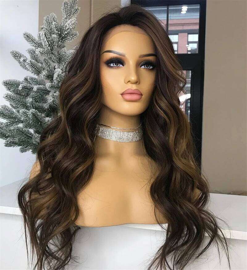 Natural Curly Lace Front Chocolate Brown Honey Blonde Highlights Synthetic Fibre HD 13x4 High Quality Women Wig Soft Texture
