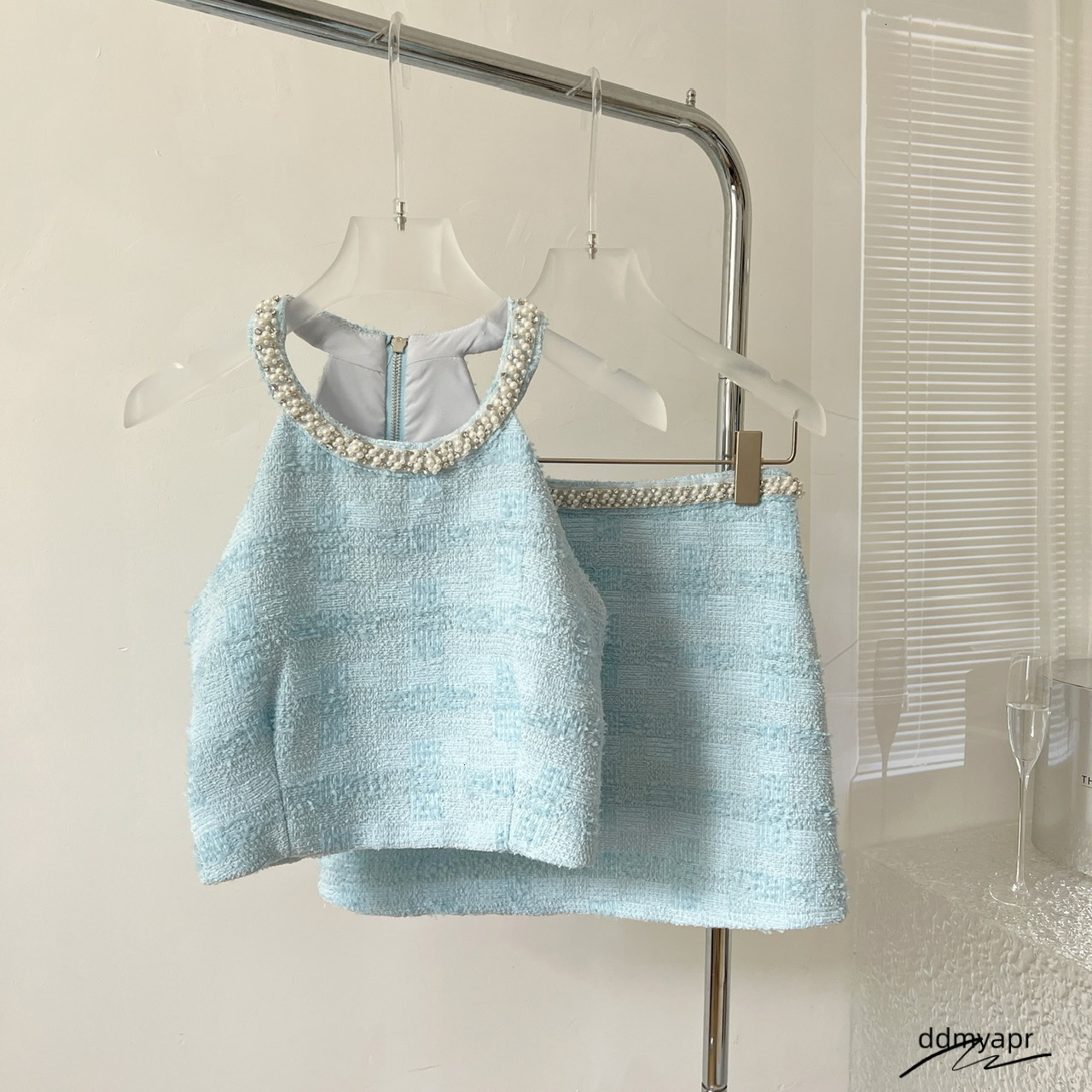 Two Piece Dress Korea Small Fragrance ddmyday Summer Tweed 2 Outfits Suit Sexy Short Cropped Tops A Line High Waist Mini Skirt Mujer Set 230707