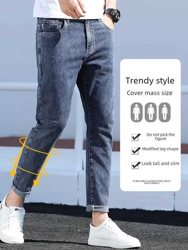 New 2023 Spring Summer Elastic 9 Points Jeans Mens Trendy Brand Straightleg Slimming Smooth Waist Casual Style Denim Trousers W250905