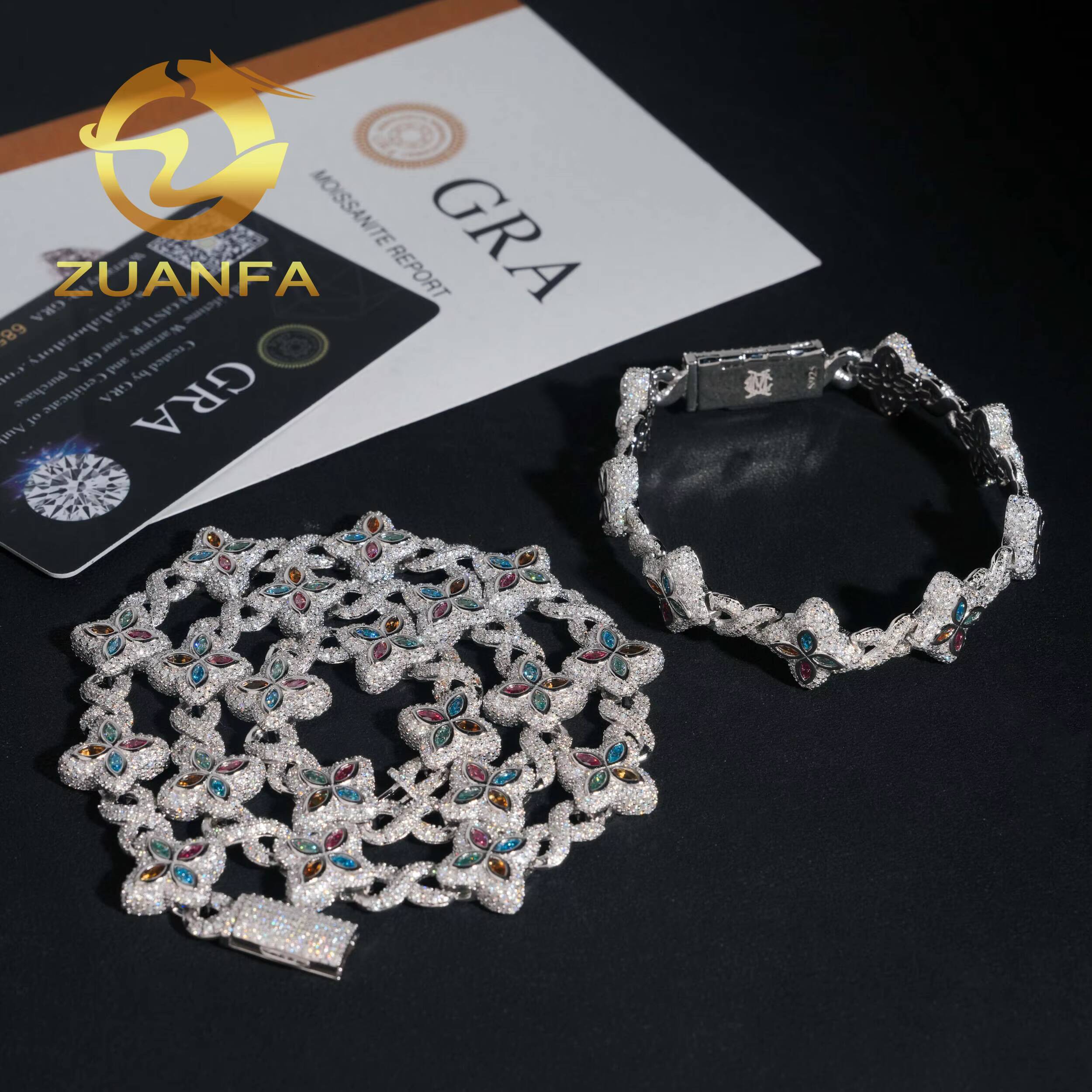 15mm Marquise Flower Hip Hop Jewelry 925 Silver Iced Out Unisex Color Moissanite Cuban Link Chain Set