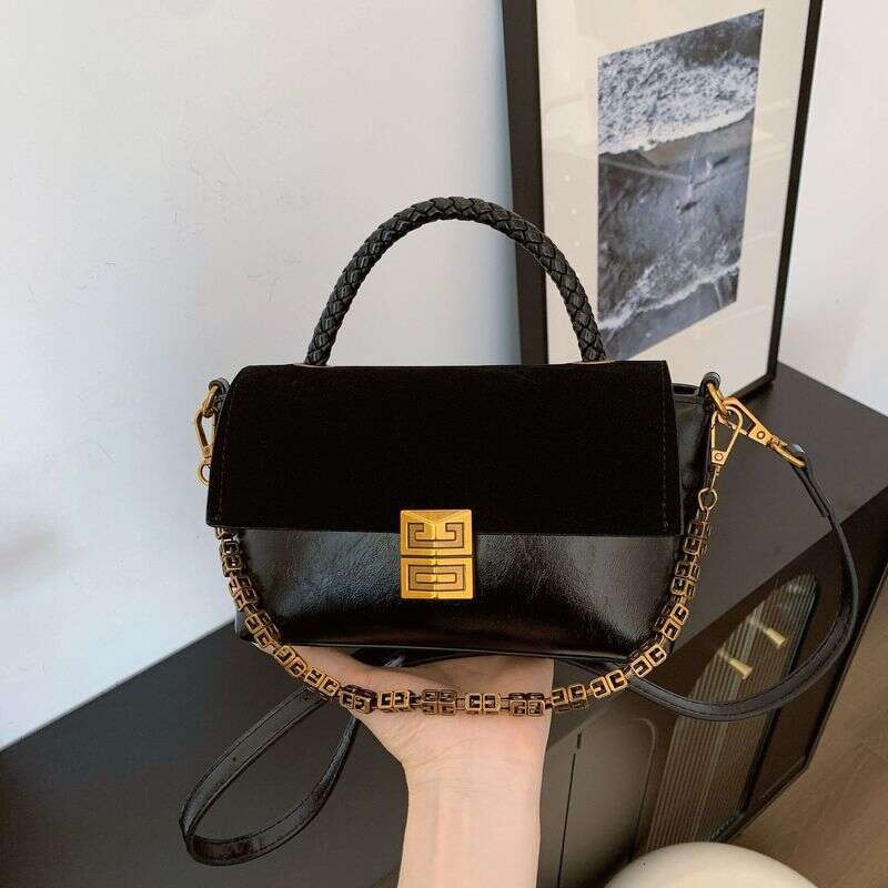 This Year's Popular Oil Wax Leather Splicing Design Small Square Bag, Elegant Women's Handbag, Versatile Frosted Single