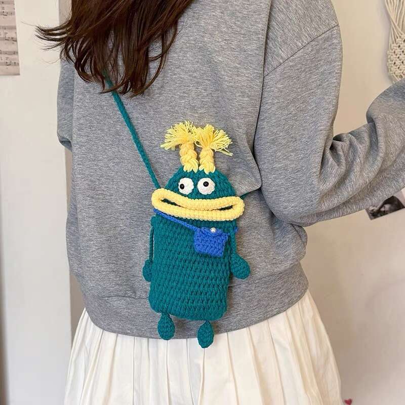 Crochet Yarn Sausage Mouth Phone Finished Handmade Knitted Cute Ugly Crossbody Bag for Women and Children Coin Purse