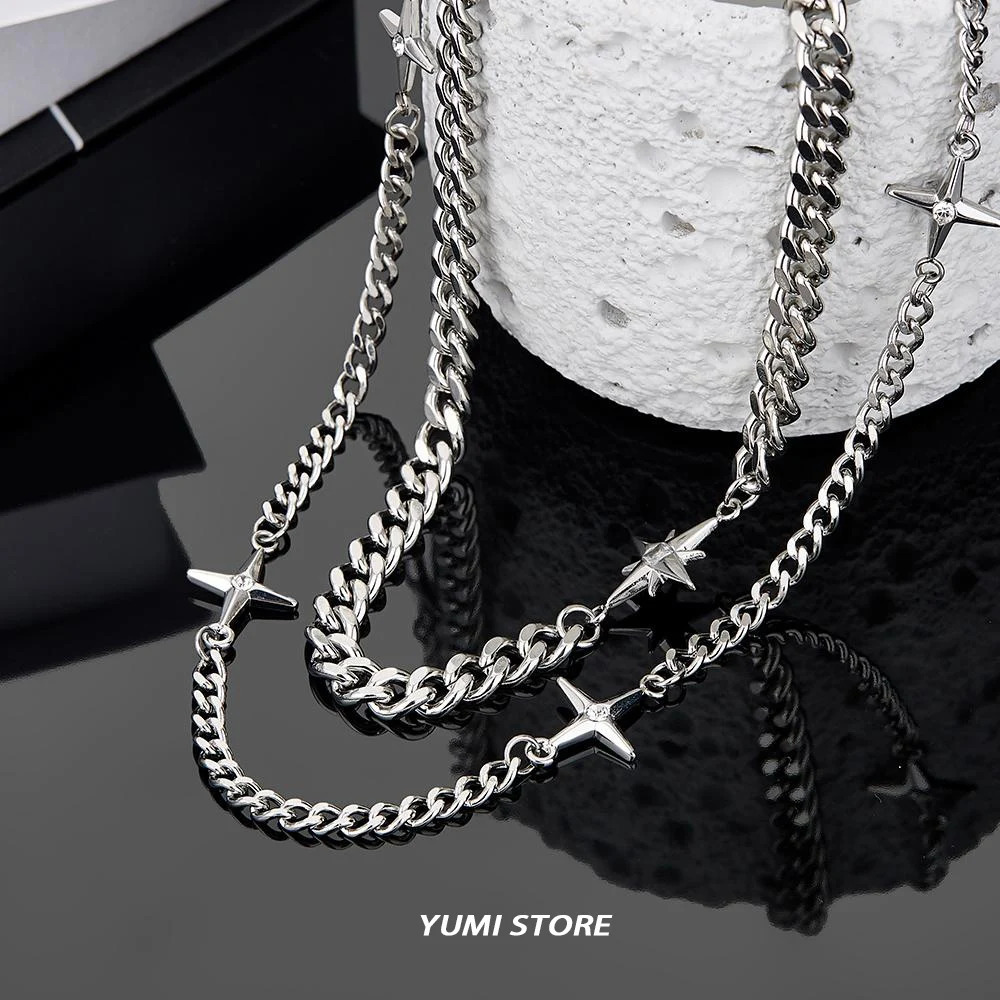 Hip Hop Doublelayer Star Cross Necklace For Man Woman Steel Clavicle Chain Choker Punk Male Accessories Wholesale 250905