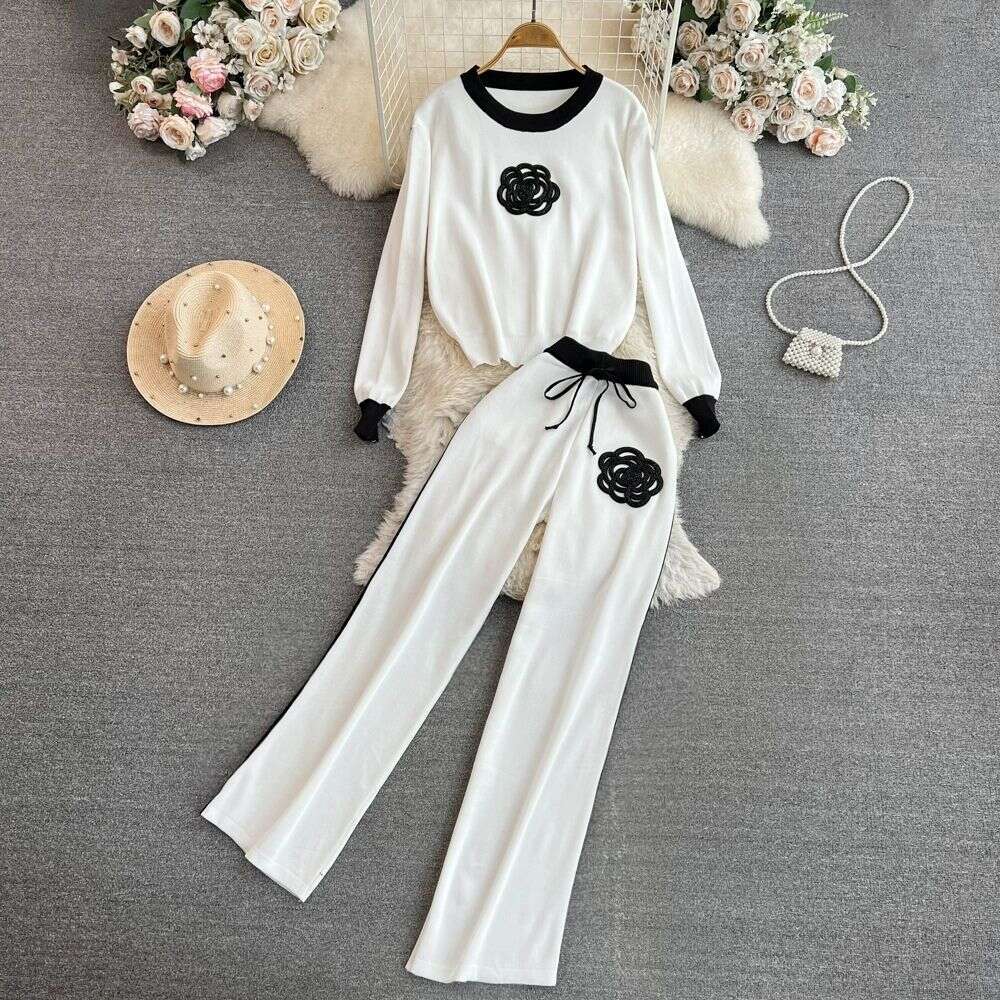 Women's Knitted Sets Tracksuit Pants Suits Autumn New Long Sleeve Flower Pullover Sweater + Wide Leg Pants Casual Two-piece Sets