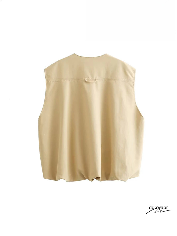 Womens Elegant Sleeveless ddmydec Round Neck Zip Waistcoat Pocket Decorative Loose Khaki Jacket Comfortable Leisure Womens Vests 240826