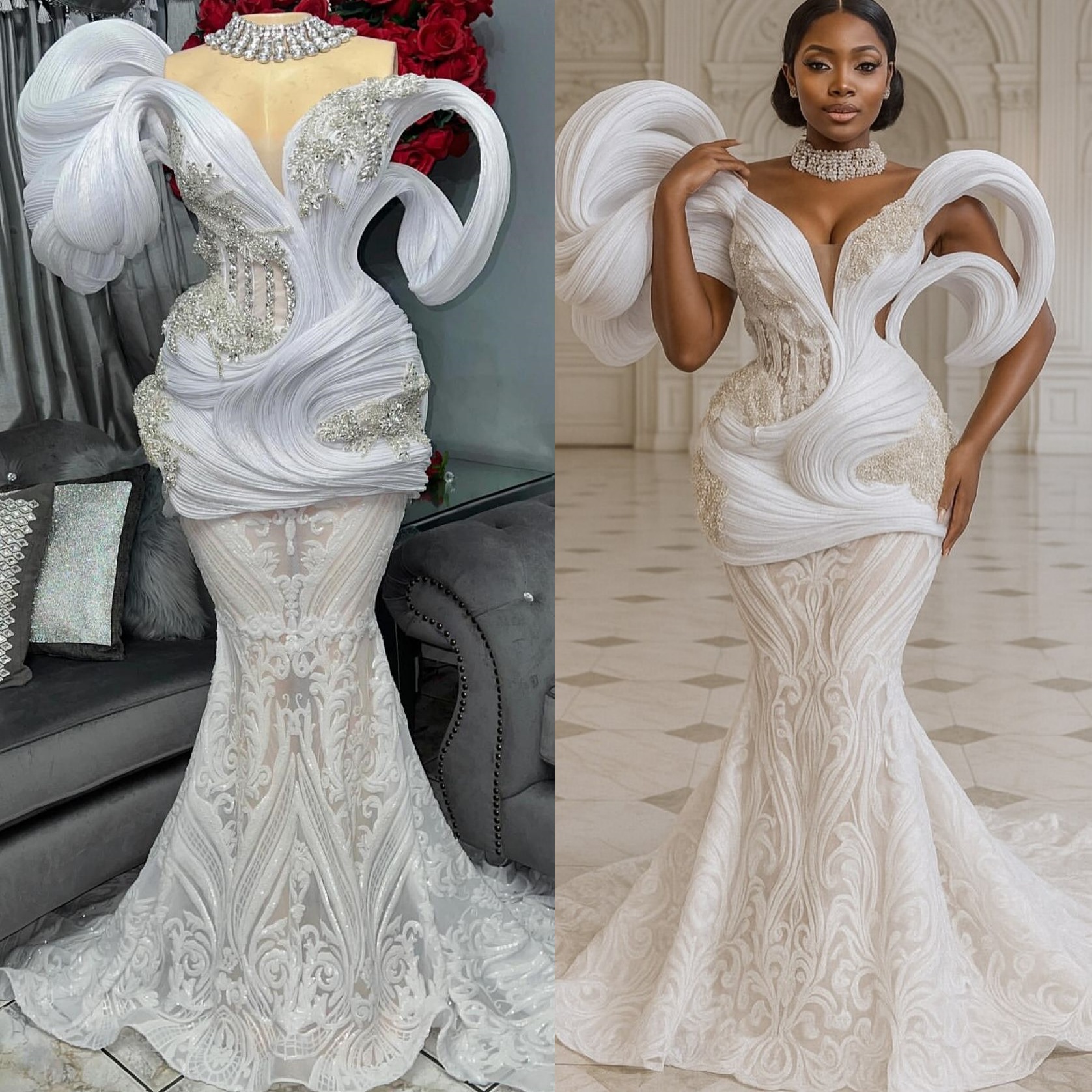 Aso Ebi Mermaid Ivory Prom Dresses 2025 Crystals Sequined Stylish Evening Formal Party Second Birthday Engagement Gowns Plus Size Dress For Special Oc