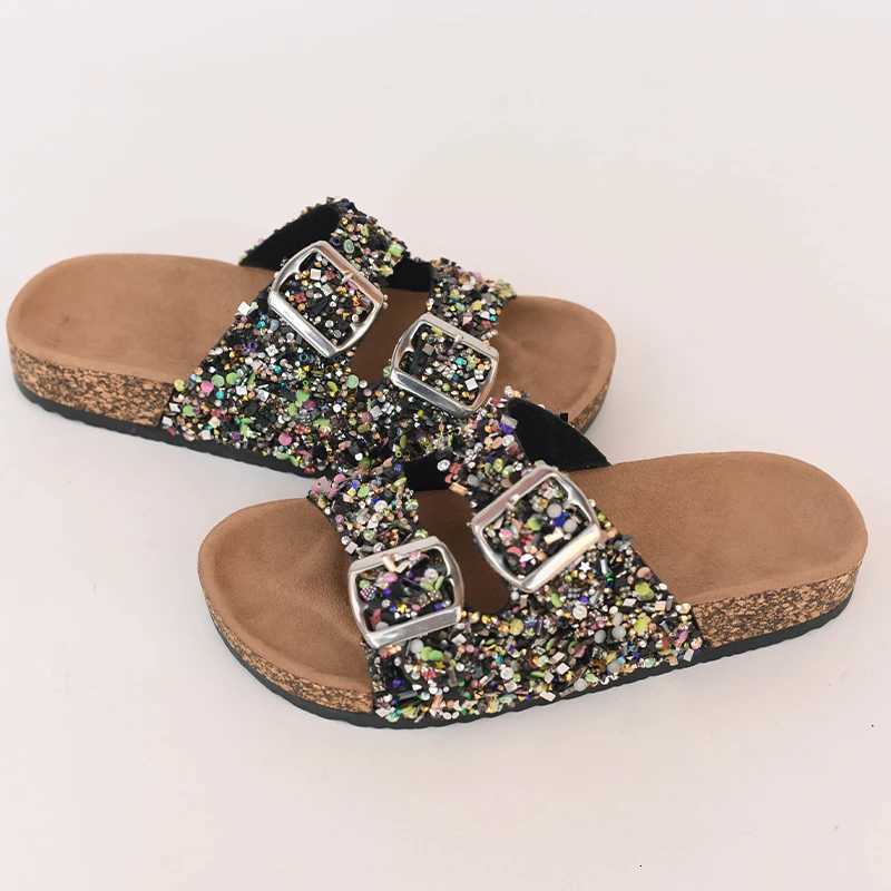 Fashion Imitation WoodGrain Sandals Women Diamond Sequins Double Buckle Womens Flat Slippers Fall and Winter New Shoes W250905