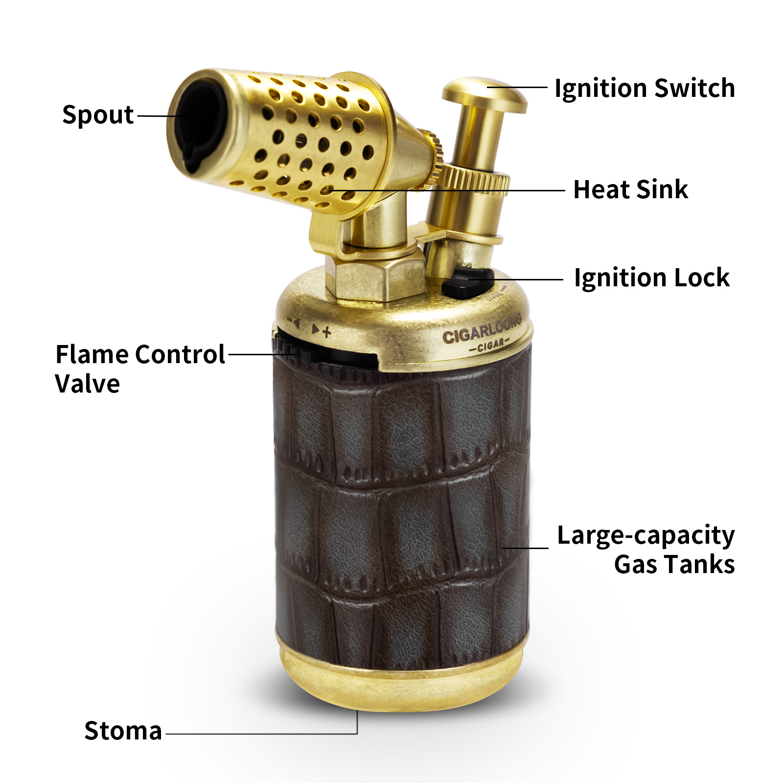 CIGARLOONG Torch Lighter,2-in-1 Windproof Butane Refillable Lighter Built-in Cigar Punch with Gift Box Without Gas W260202