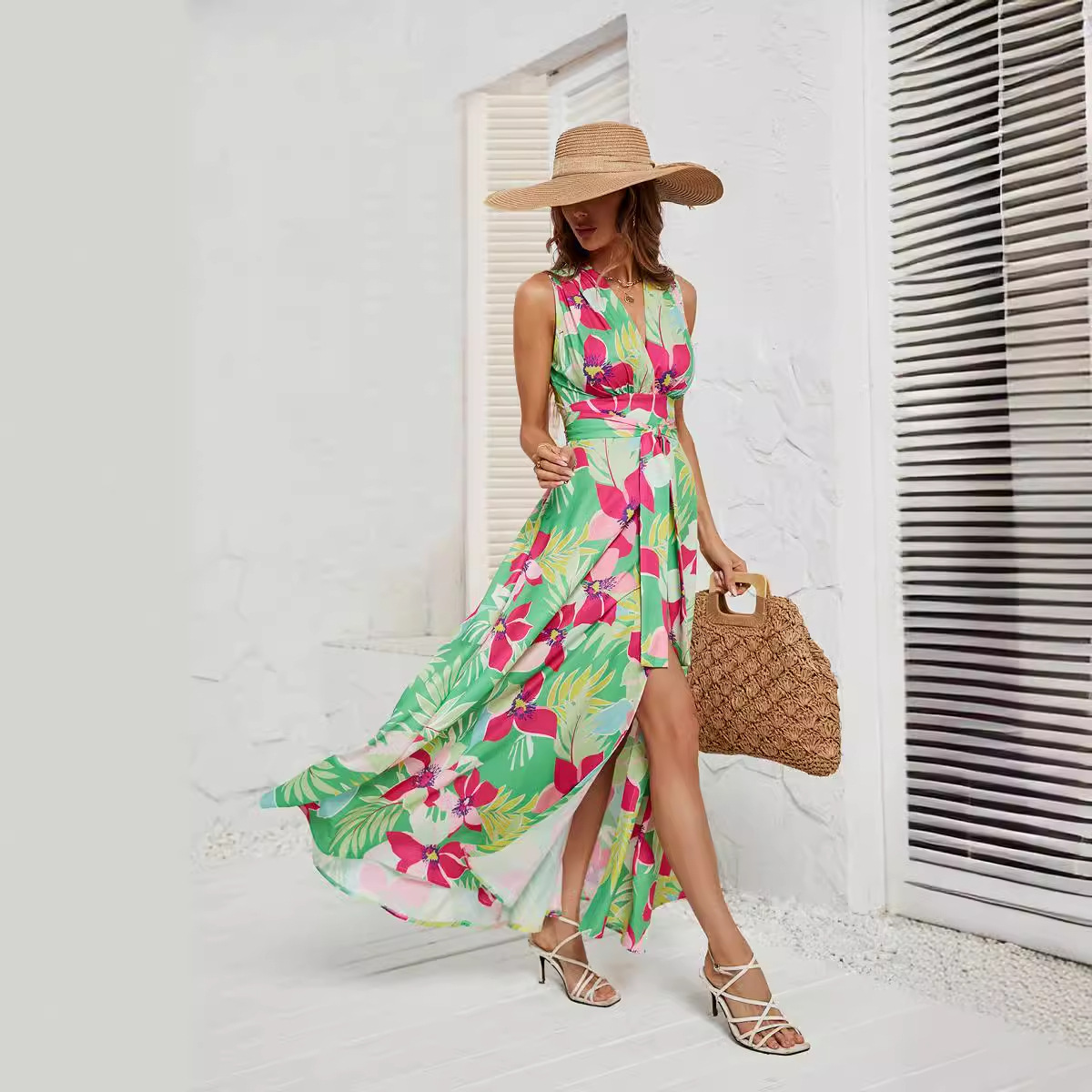 Selfshot 2024 Summer Womens New Commuter Printed Tie Split Sexy Dress