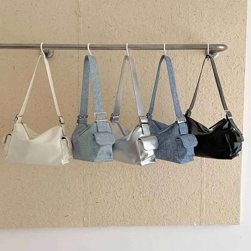 Women Leather S Solid Large Capacity Commute Shoulder Packs Female Casual Versatile Denim Zipper Underarm Bag