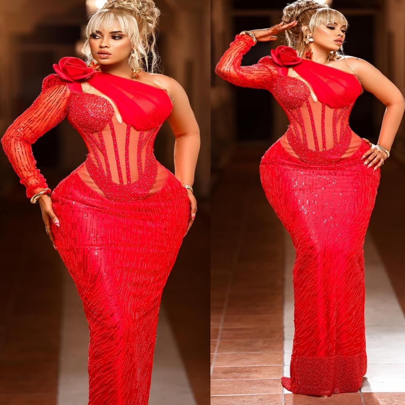 Aso Ebi Red Sheath Prom Dresses 2025 One Shoulder Flower Beaded Evening Formal Party Second Birthday Engagement Gowns Plus Size Dress For Special Occa