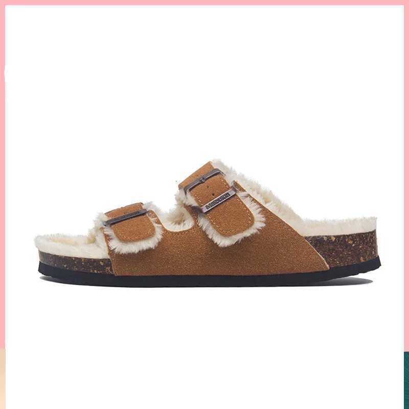 44 45 big size wool fur cork slippers women double buckle band long plush winter slides furry outdoor footwear flip flops women W250905