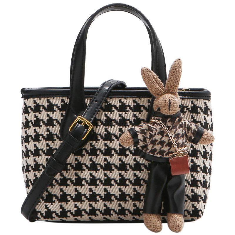 2025 New Autumn/Winter Small Rabbit Pendant Crossbody Bucket Bag Classic Thousand Bird Grid Pattern Handbag fashion Designer