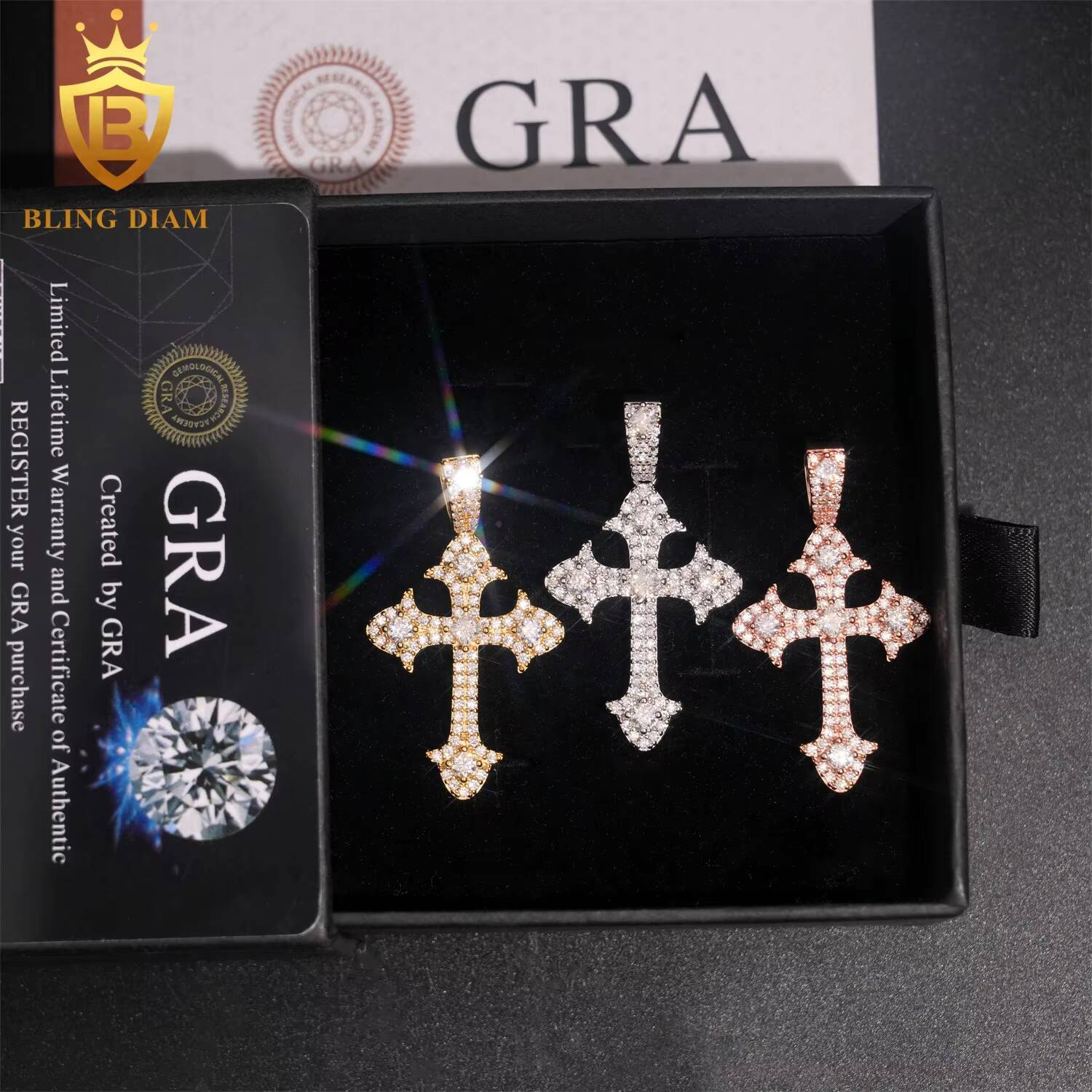 Fashion Jewelry 925 Sterling Silver Gold Plated Moissanite Cross Pendant Custom Hip Hop Iced Out Pendant Necklace Men