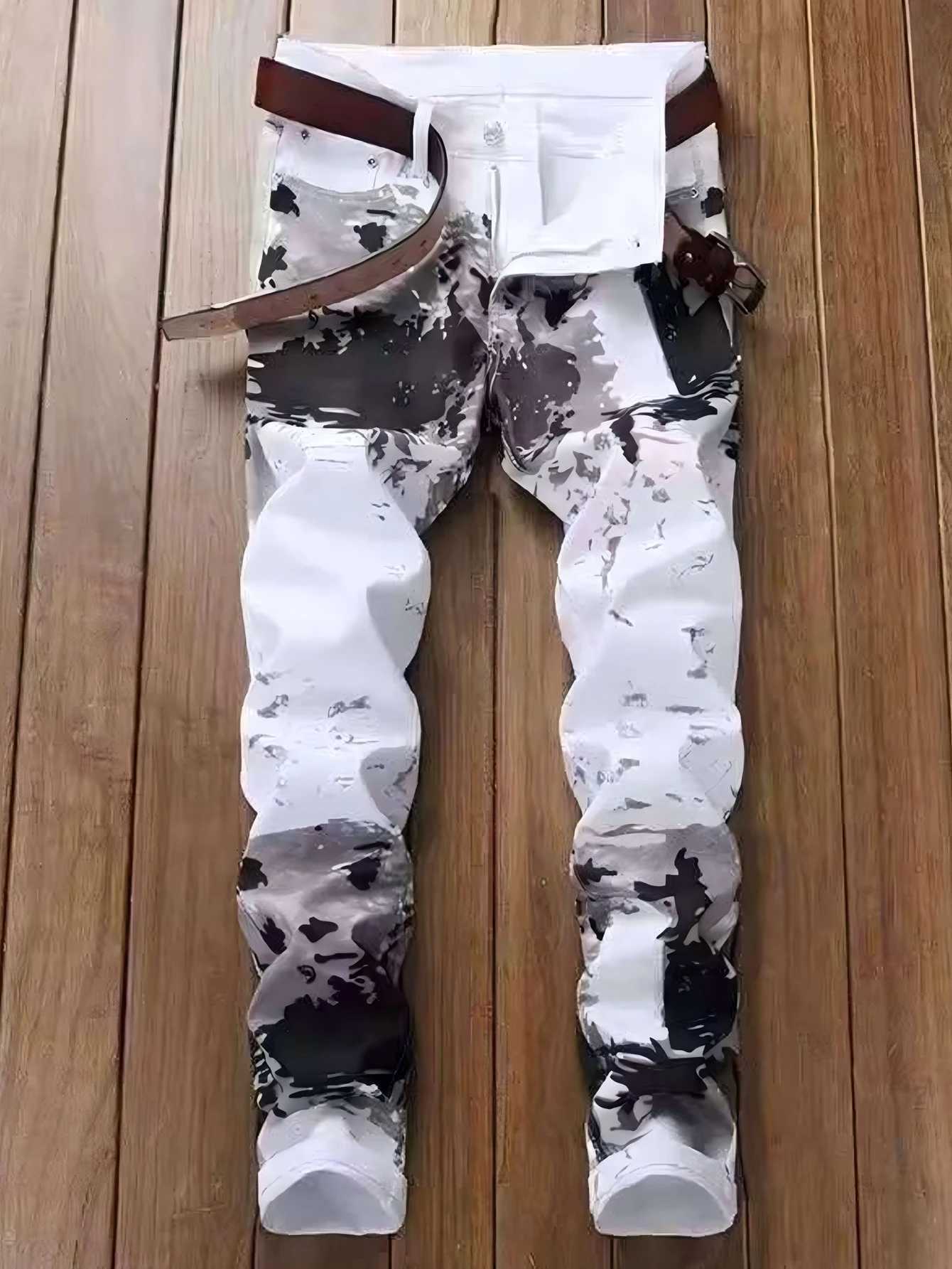 Mens Jeans Casual Black And Grey Printed Denim Pants Slim Fit Straight Leg Comfort Mid Waist White Trousers W250905