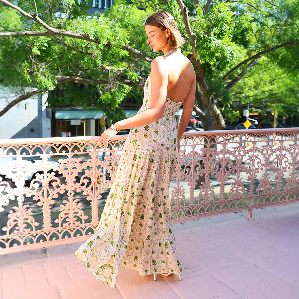 2025 Sweet Temperament Printed Sleeveless Halter Dress Feminine Large Backless Aline Long Dress