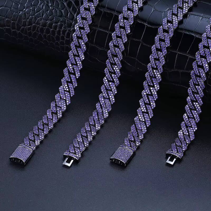 Hip Hop Jewelry 14mm Cuban Link Prong Diamond Chain Necklace and Bracelet Purple Stone